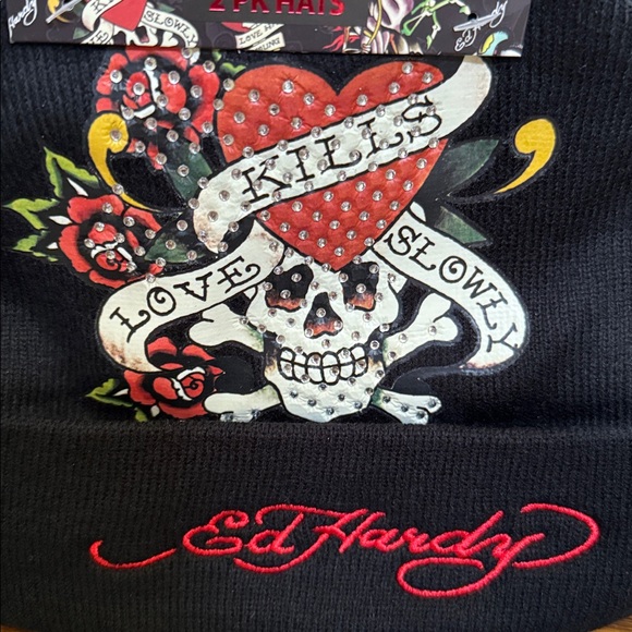 Ed Hardy Black Beanie (2 Pack) Rhinestone Skull/Heart Motif/other Ed Hardy Lion main image 14